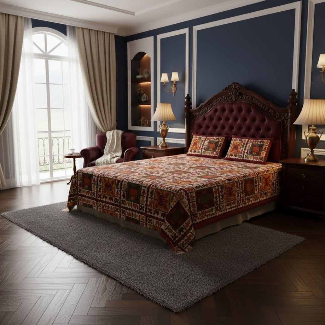 Maroon Border Elephant Pattern Screen Print Double Bed Sheet